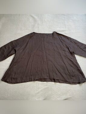 Vivid 100% Linen Blouse Top Small Womens Dark Brown Oversized Button Back